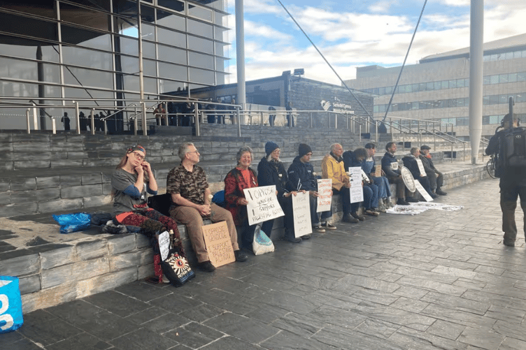 Sue (in the yellow jacket) amongst protestors outside the Senedd on 18 November, 2025.