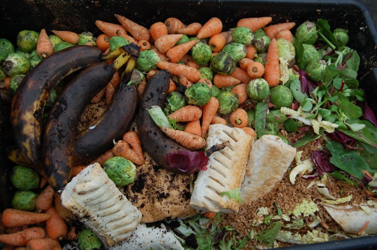 A box collected by criw compostio of out-of-date food and wasted veg from local businesses and supermarkets.