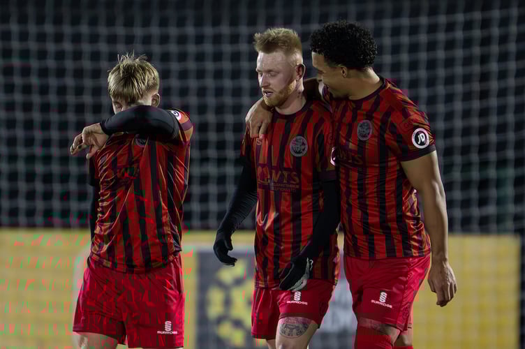 OSWESTRY, WALES - 20 FEBRUARY 2026: Bradly Young of Caernarfon Town  scores to make it 1-1 during the JD Cymru Premier game between The New Saints and Caernarfon Town at the Park Hall Stadium in Oswestry. (Pic by Craig Thomas/FAW)