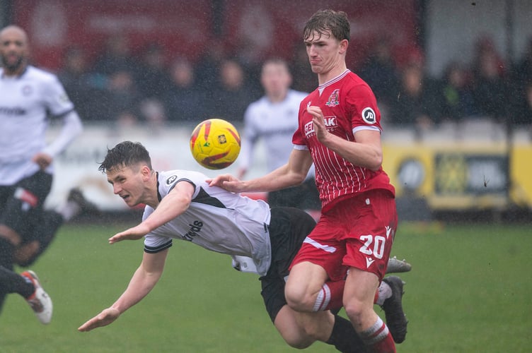 BRITON FERRY, WALES - 21ST FEBRUARY 2026: 
Ollie Anderson of Briton Ferry Llansawel in action.
Briton Ferry Llansawel v Bala Town in the JD Cymru Premier at Old Road on the 21st February 2026. (Pic by Lewis Mitchell/FAW)