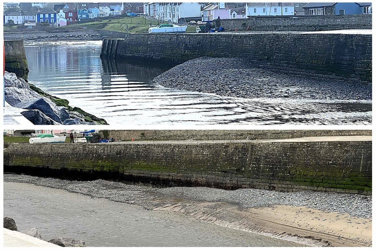 Above - the harbour entrance prior to dredging. Below - two weeks after dredging, silt and shingle have already noticeably returned. 