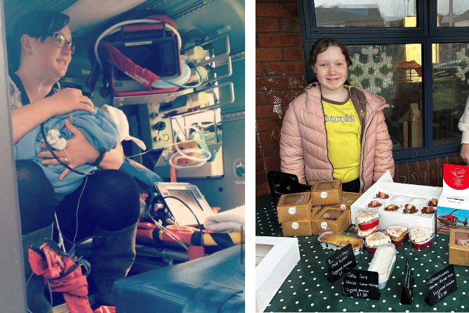 Left: Rhian aged 10 weeks in the Wales Air Ambulance helicopter. Right: Rhian during the cake sale.