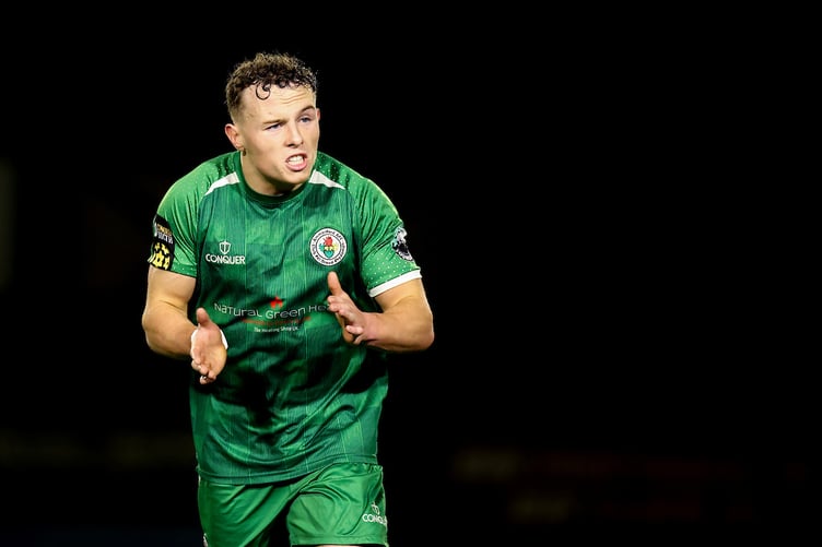 CARDIFF, WALES - 07 FEBRUARY 2026: Ammanford's Daniel John celebrates scoring his sides first goal during the JD Cymru South match between Caerau Ely FC and Ammanford AFC at Cyncoed Stadium in Cardiff on the 7th February 2026. (Pic by Ashley Crowden/FAW)