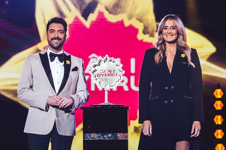 Y cyflwynwyr Elin Fflur a Trystan Ellis-Morris