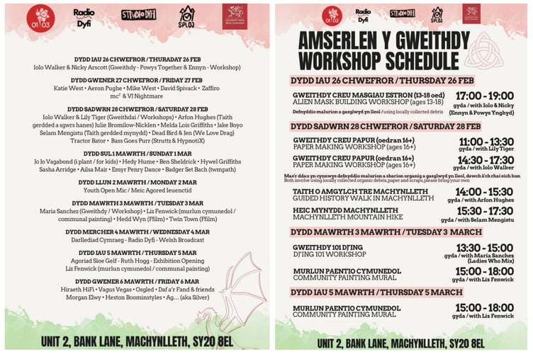 The programme and workshop schedule for Wythnos Dewi Sant.