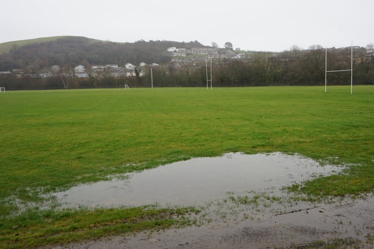 The waterlogged pitch at Blaendolau Playing Fields.