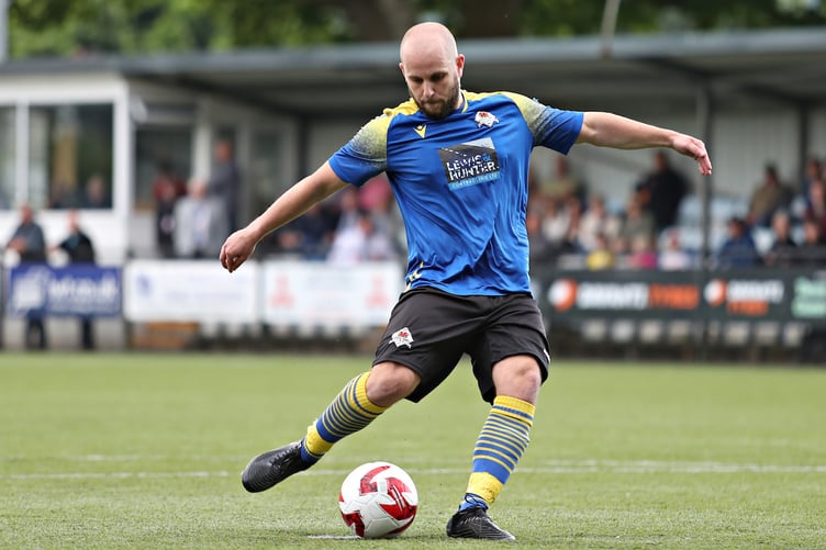 BALA, GWYNEDD, WALES - 25th MAY 2024 - Llanuwchllyn's Gwydion Ifan takes a penalty during Llay Welfare FC vs CPD Llanuwchllyn in the Lock Stock Ardal League Northern Playoff Final at Maes Tegid, Bala (Pic by Sam Eaden/FAW)