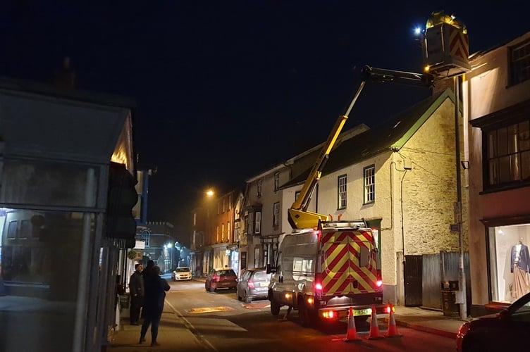 Work being done to change the light bulbs in Presteigne - which is now a dark sky community