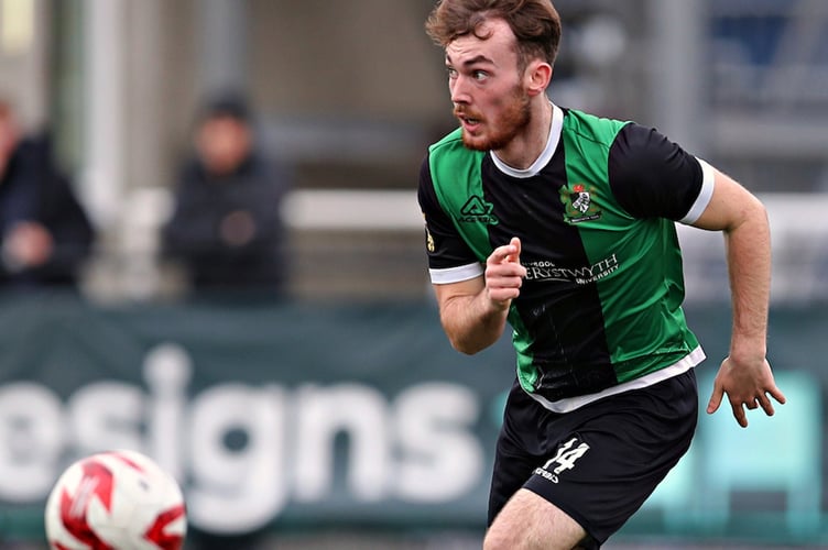 ABERYSTWYTH, CEREDIGION, WALES - 1st MARCH 2026 - Owain Evans of Aberystwyth Town during Aberystwyth Town vs Caerau Ely AFC in Round 24 of the JD Cymru South at Park Avenue, Aberystwyth (Pic by Sam Eaden/FAW)