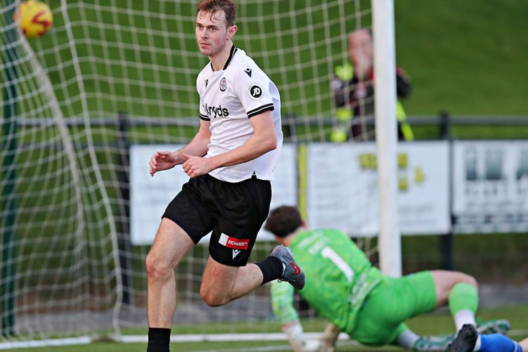 BALA, GWYNEDD, WALES - 21st MARCH 2026 - Cameron Ferguson of Bala Town celebrates his goal during Bala Town vs Haverfordwest County in Round 7 of the JD Cymru Premier Play-Off Conference at Maes Tegid, Bala (Pic by Sam Eaden/FAW)