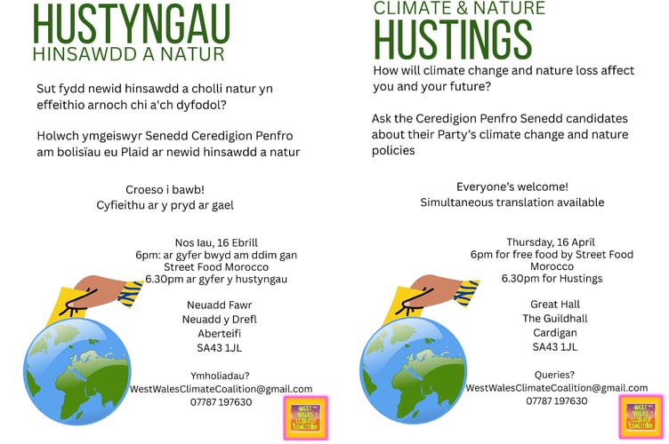 A Climate and Nature Hustings is taking place on Thursday 16 April at 6pm at the Guildhall, Cardigan SA43 1JL.
