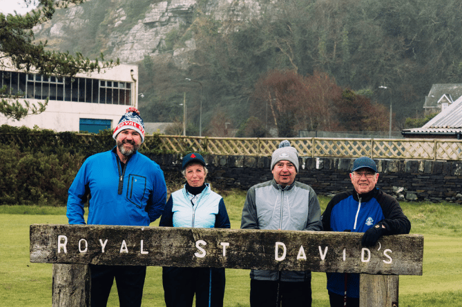 Scott Quinnell with club president Bryan John and captains David Barr and Shuna Sweeting