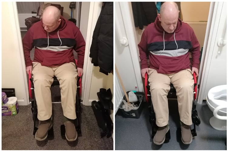 Stephen Dyke demonstrates the narrow doorways in his unadapted social housing.