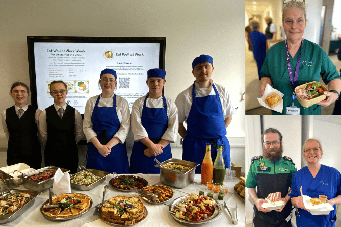 Coleg Ceredigion students, left, and NHS staff with their lunches, right