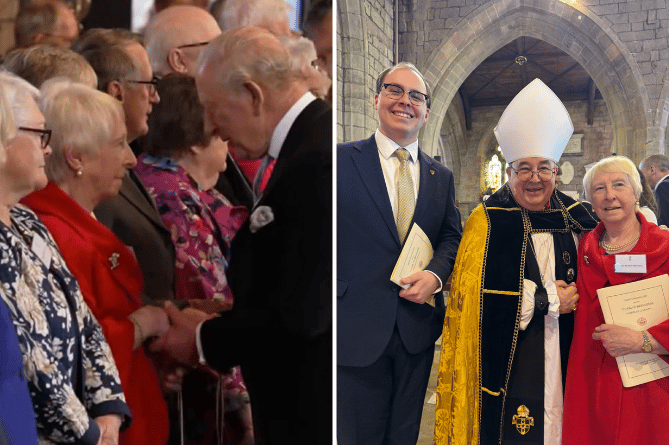 Alison Swanson with King Charles, left, and with her grandson Billy and Bishop Dorrien, Bishop of the St David’s Diocese, right