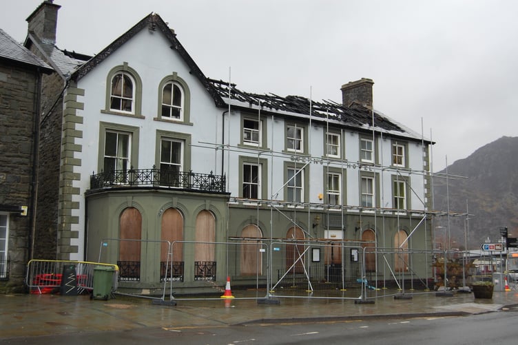 The fire damage visible on the roof of Queens Hotel in Blaenau Ffestiniog.