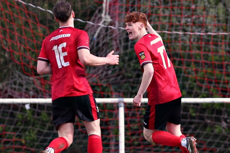 PENRHYNCOCH, CEREDIGION, WALES - 11th APRIL 2026 - Gethin Williams-Evans of CPD Penrhyncoch celebrates his goal during CPD Penrhyncoch vs Gresford Athletic in Round 9 of JD Cymru North at Cae Baker, Penrhyncoch (Pic by Sam Eaden/FAW)