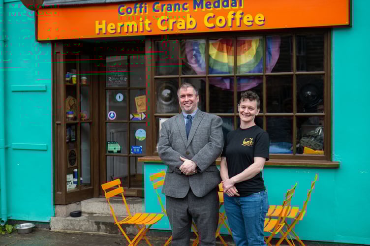 Hermit Crab Coffee owner Olly Cameraon outside the Machynlleth cafe with MP Steve Witherden. Photo: Steve Witherden