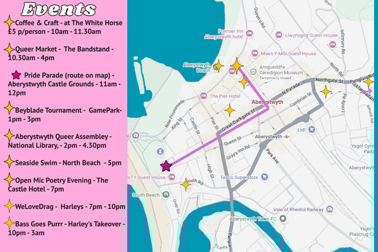 Aberystwyth LGBTQ+ Pride's schedule and map.
