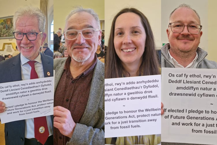 Gwyn Evans (Gwlad), Cris Tomos (Plaid Cymru), Amy Nicholass (Wales Green Party), and Marc Tierney (Welsh Labour) pledged to honour the Wellbeing of Future Generations Act at the Climate and Nature hustings in Cardigan. Photo: West Wales Climate Coalition