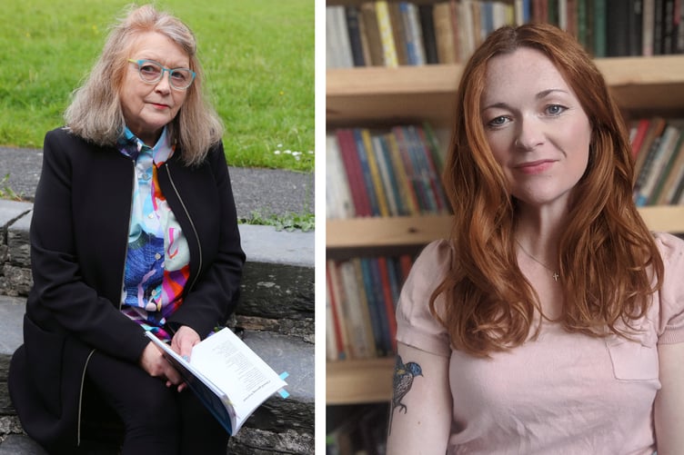 Menna Elfyn yn siop Y senedd-dy, Machynlleth yn lansiad ei chyfrol Tosturi. Trafodaeth gyda Grug Muse - rhan o Wyl lenyddol ffeministiaidd.