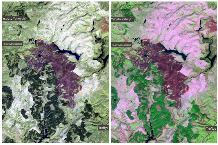 The 2025 wildfire in the Elan Valley, which stretched over to Strata Florida. 2025 saw 20,000 hectares of Wales on fire due to wildfires.