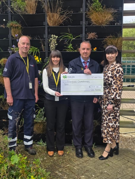 Conrad Ford, beekeeper; Wendy Richards, Assistant Facilities Manager; John Hayes, Vinci Facilities Manager and Helen Gorman, Welsh Government Facilities Management