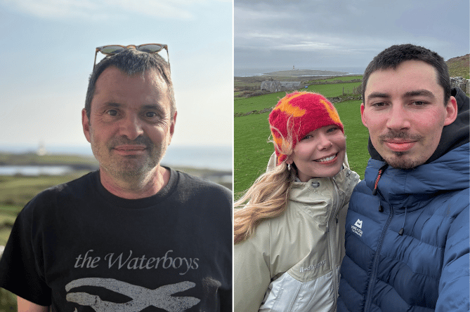 Alun Llwyd, left, with Lois Roberts and Aron Llwyd, right
