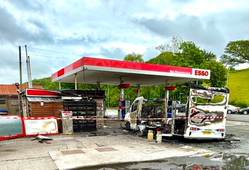 Dramatic video shows vehicle on fire at Gwynedd petrol station
