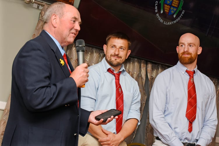 Llandovery president Handel Davies with Lee Rees and Stuart Worrall at the presentation evening