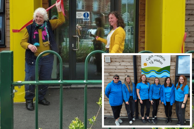 Cllrs Anne Lloyd Jones and Menna Trenholme cutting the ribbon at Tŷ Mabon (main) and Tŷ Mabon and staff (inset). Photo: Gwynedd Council