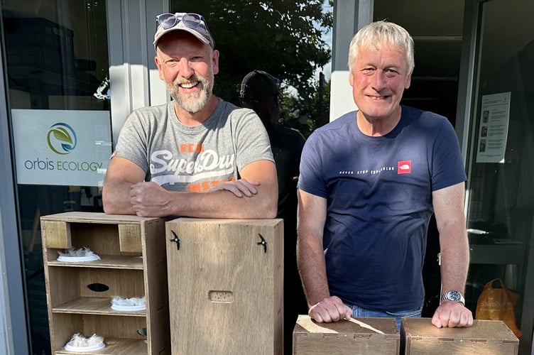 Elfyn Pugh (right), who is helping the return of swifts to the Dyfi Valley, with Jerry Horn (left) from the Devon Swift Project, who built the swift boxes for St Peter's Church in Machynlleth. Photo: Elfyn Pugh