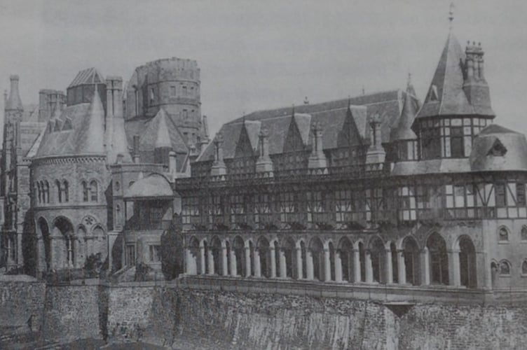 The Old College in the 1870s. Castle House, with its balcony and canopy, is situated between the north and south wings.