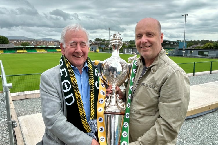 Lord Dafydd Wigley and Paul Evans with Welsh Cup at the Oval