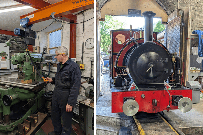 The new Yaplex crane being operated, left, and the Maespoeth Junction locomotive shed, right. Photos: Corris Railway