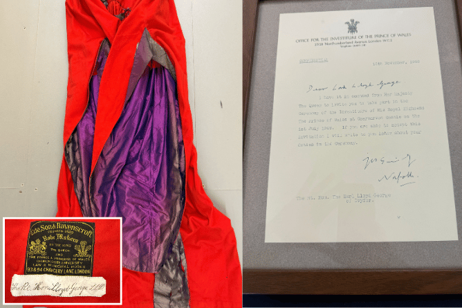 The investiture gown worn by Earl Lloyd George of Dwyfor to the investiture of Prince Charles in 1969 and his invitation from the Queen to take part as a sword-bearer. Photo: WeBuyVintage