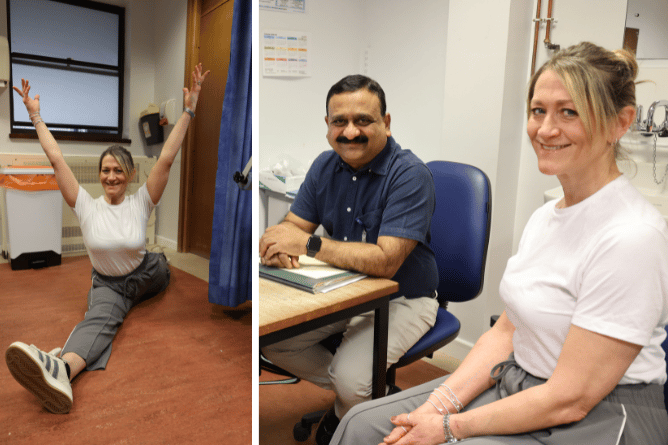 Mr Muthu Ganapathi, Consultant Orthopaedic Surgeon, and Sarah Woosey. Photos: Ysbyty Gwynedd.
