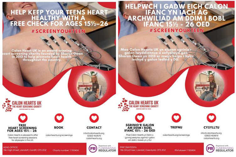 Calon Hearts offers free heart screenings for young people aged 15 and a half to 26, with subsidised screenings for adults aged 27 and above.