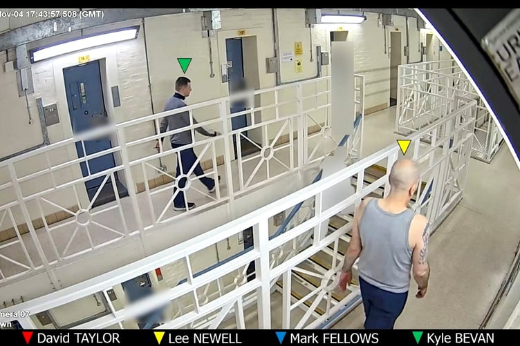 Kyle Bevan, 33, makes his way to his cell and is followed by Lee Newell, 57, Mark Fellows, 47, and David Taylor, 64. // This is the shocking moment three prisoners rush a child killer's cell where they murder him in cold blood. CCTV footage shows Lee Newell, 57, Mark Fellows, 47, and David Taylor, 64, can be seen laughing and joking with each other around 4pm on November 4 2025, inside HMP Wakefield while they stalk their victim, Kyle Bevan, 33. Then an hour and forty-five minutes later, they spot child murderer Bevan and casually follow him towards his cell on the fourth floor of the prison. Bevan was serving a life sentence with a minimum tariff of 28 years for murdering his partners two-year-old daughter, Lola James, in Haverfordwest, Pembrokeshire, in 2020. Chilling CCTV video then shows Newell stood outside his cell door before he rushes inside followed by Fellows and Taylor. Taylor can been pulling an item from his waistband upon entry. While inside the trio brutally attacked Bevan with makeshift weapons including a piece of metal taken from the back of a television and fashioned into a blade, a court heard. Over a four minutes and 39 second period Bevan was stabbed more than 25 times to the neck, a crown court heard. After they killed him the men positioned his body to make it look like he was asleep. Bevan was not discovered until the following morning when prison staff were tipped off by an inmate. Further injuries were caused with another weapon while evidence showed that his heart and blood vessels were damaged and that he died from blood loss, a court was told. Yesterday (June 18), all three men were found guilty of murdering Bevan by jurors at Leeds Crown Court.