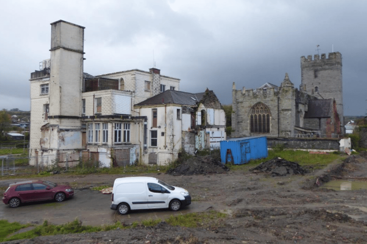 A photo from 2023 showing some of the hospital buildings still standing, whilst others had been demolished. St Mary's Church also sits on the site.