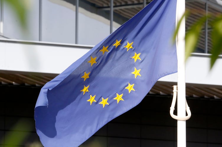 Photo Code 16DPJ30JUN84 Photo Arwyn Parry Jones 30June16 Ref Simon; European Flag on display outside Welsh Government offices in Aberystwyth last Friday 24th of June 2016