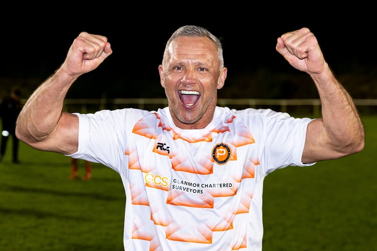 ONLLWYN, WALES - 5 MAY 2026: Lee Trundle of Pure Swansea celebrates during the 2025/26 Ardal South West match between Seven Sisters Onllwyn & Pure Swansea at the John Weaver Welfare Ground, Onllwyn, Wales. (Pic by Lewis Mitchell/FAW)