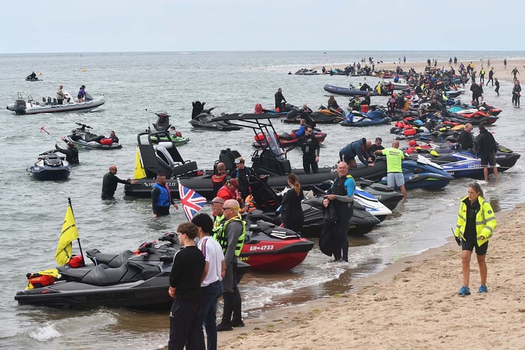 Jet skis taking part in the charity ride at Aberdyfi beach (Photo: Doris O'Keefe)