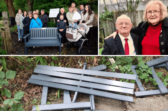 Top left: The family on the day the bench was unveiled. Top right: Ray and Betty Stubbs. Bottom: The 'deliberately damaged' bench