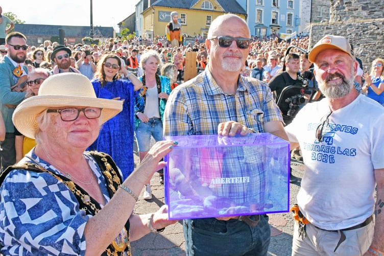 Mayor of Cardigan Olwen Davies, Chairman of the Eisteddfod Local Organising Committee and event Creative Director Marc Rees