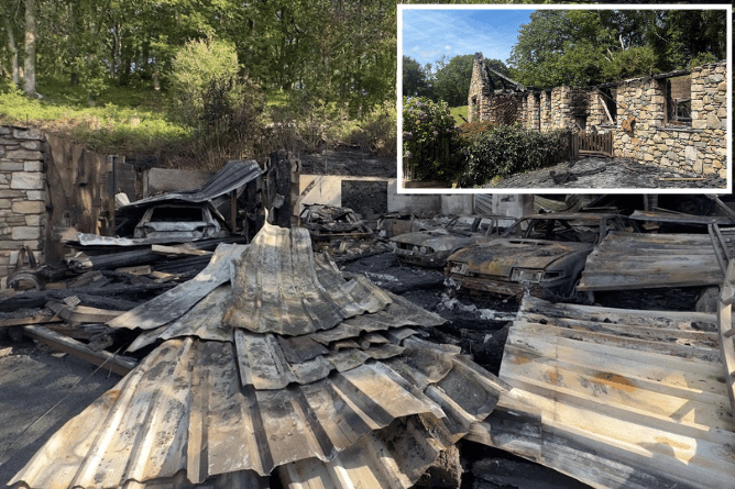 Main: The remains of the garage and classic cars. Inset: The fire destroyed the couple's home
