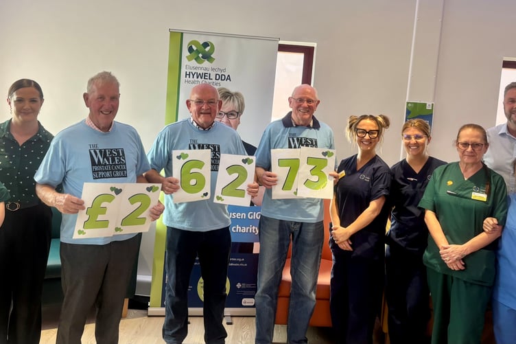 Brian Slate, Gareth Cowley and Ron Davies from the West Wales Prostate Cancer Support Group with Glangwili Chemotherapy Unit staff