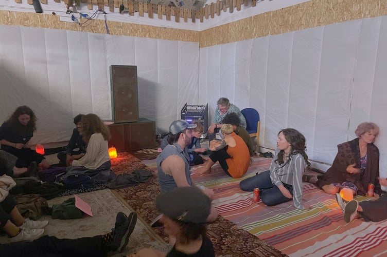 Attendees are invited to sit on the rugs, experience the vibrations of the sound and discuss their own experiences of living under the flight path.