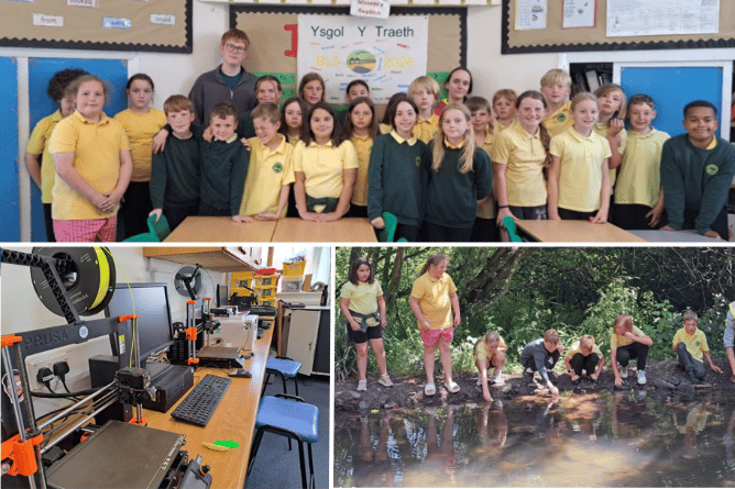 Top: Fern and Jacob with the Year 5 students. Bottom left: The tech lab set up in Ysgol y Traeth. Bottom right: Testing the boats in Wern Mynach