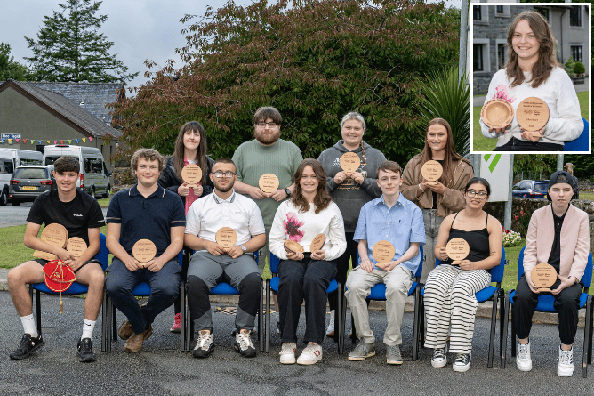 Coleg Meirion Dwyfor award winners, main, with Student of the Year Chloe Rowe, inset